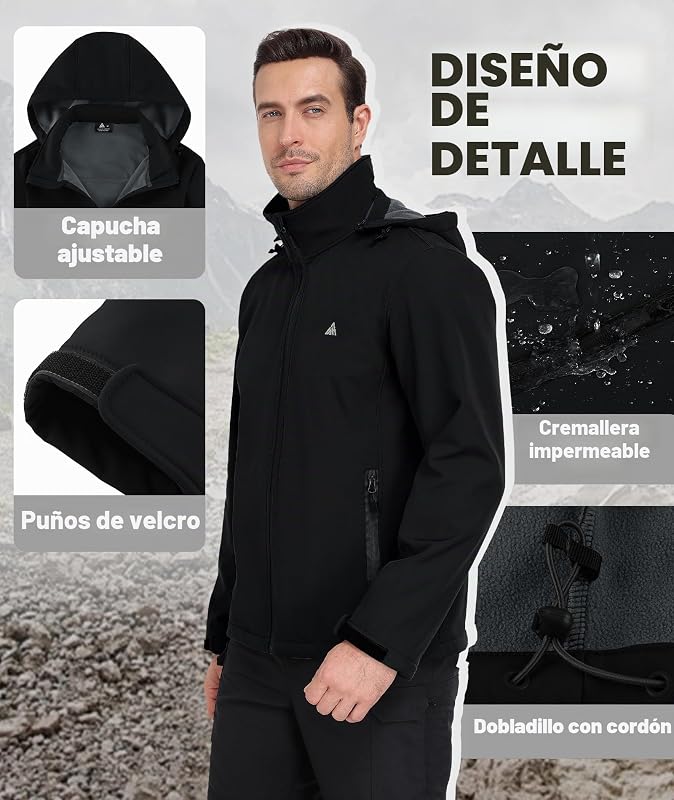 Chaqueta Hombre Softshell de Senderismo Hombre Exteriores Multifuncional Cortaviento Impermeables Invierno Chaquetas Cálida con Capucha con Bolsillos para Marcha Acampada Negro XL — foto 4 de 6