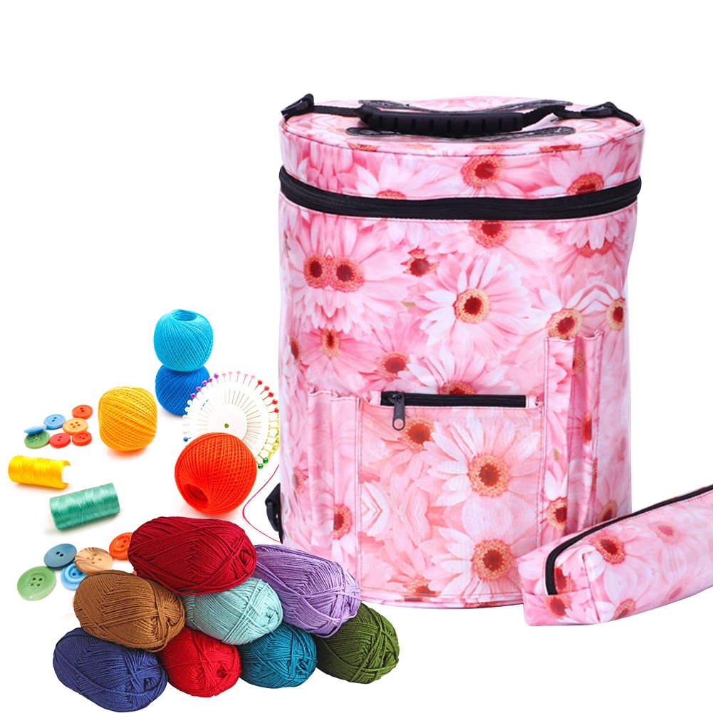 ele ELEOPTION Knitting Bag for Yarn and Wool Storage, Premium Large Knitting Tote Bag for Organizing of Crochet and Knitting Yarn, Crochet Patterns and Hooks, Crochet Needles and Wool (Sunflowers)