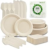DecorWoo 300Pcs Compostable Paper Plates Set, Eco-friendly Heavy Duty Plates & Biodegradable Utensil Include Forks,Knives,Spoons, Napkins, Disposable Dinnerware Set for Party (Brown)