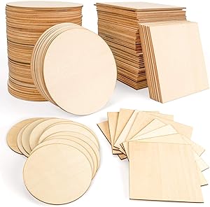JamBer 100 Pcs Wood Slices 4x4 Inch Unfinished Wood Pieces for DIY Coasters Arts and Crafts School Projects Home Wall Decoration Scrabble Tiles, 50 Pcs Wood Squares, 50 Pcs Wood Circles