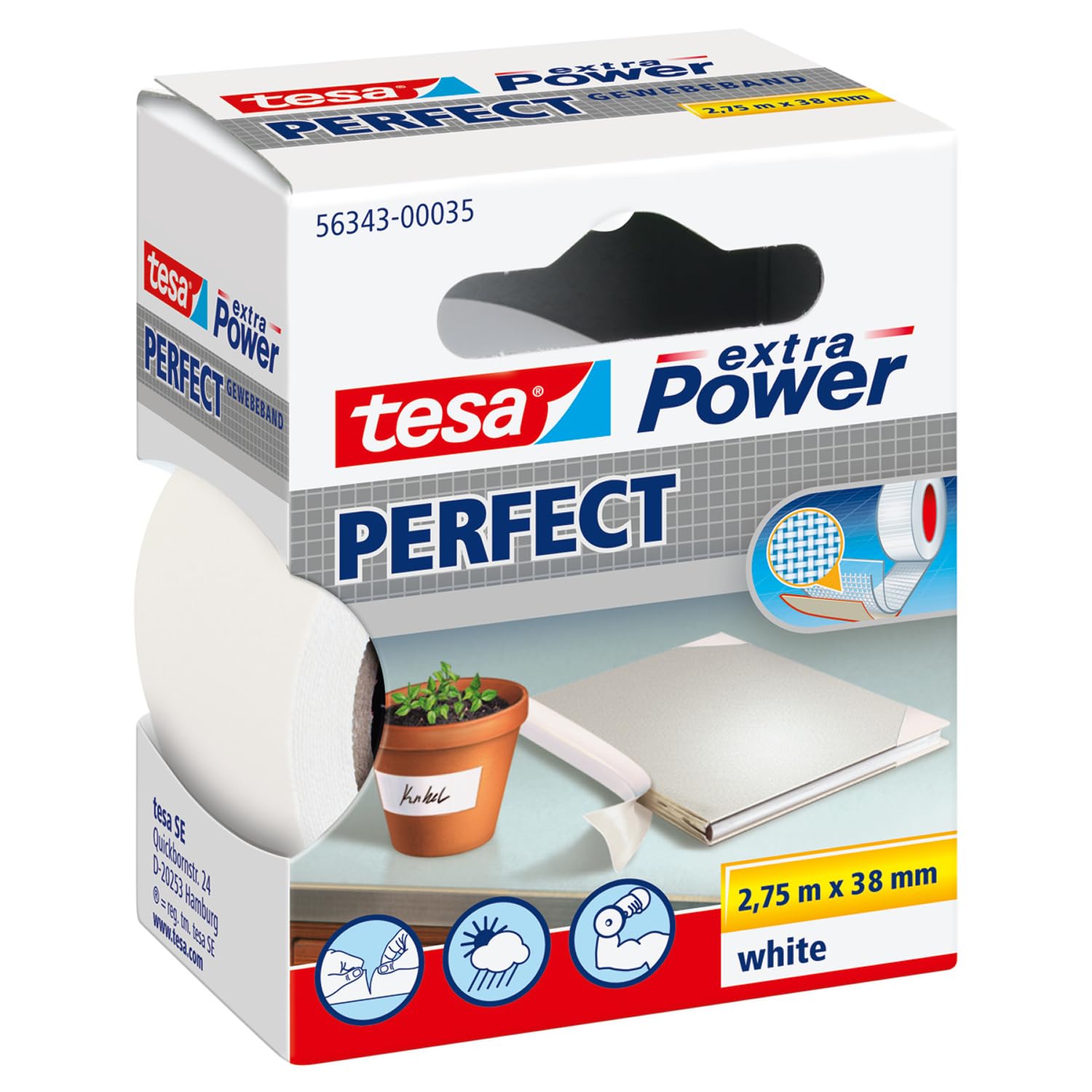tesa Extra Power Perfect Cloth Tape - Fabric-Reinforced Repairing Tape for Crafting, Repairing, Fastening, Reinforcing and Labelling - White - 2.75 m x 38 mm