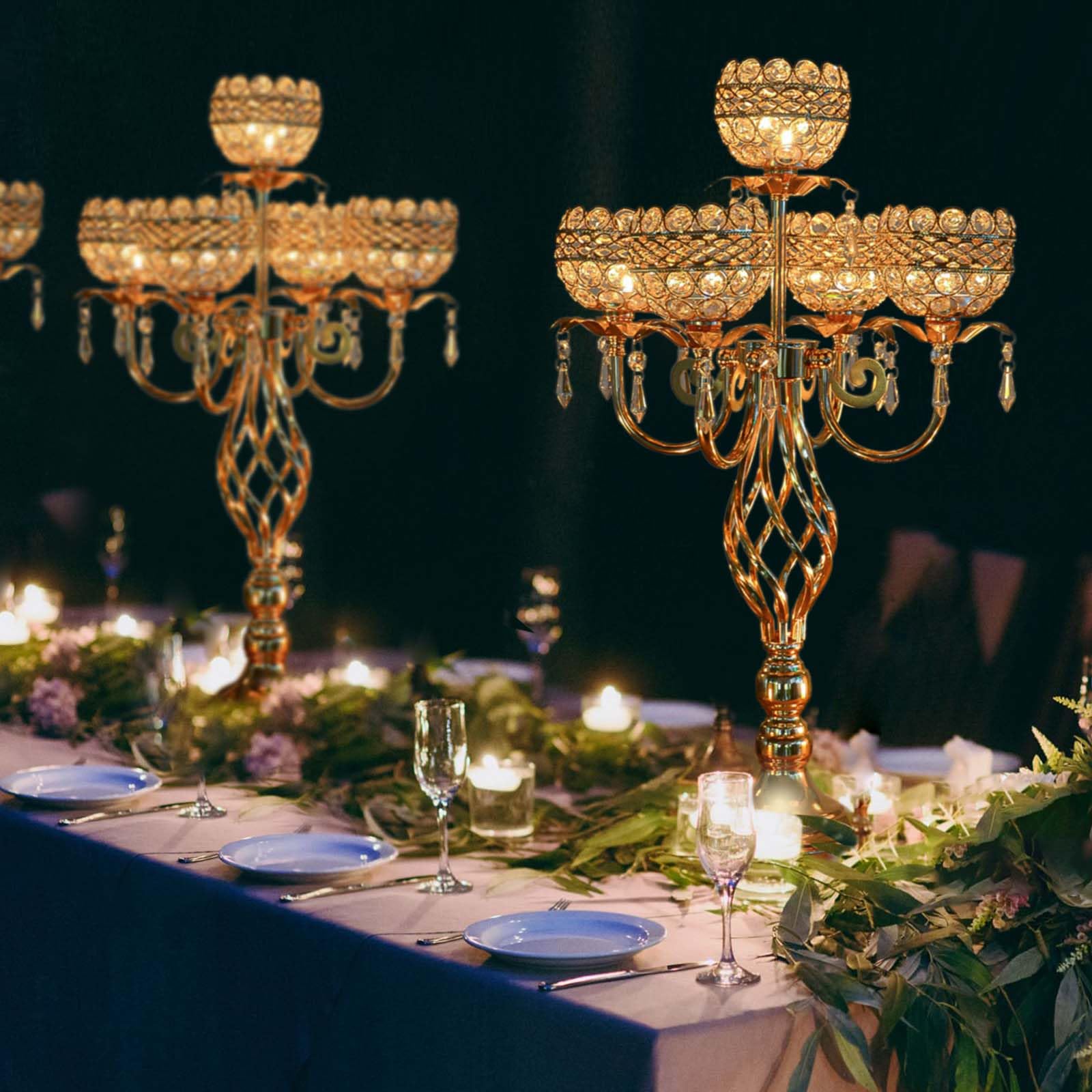 Photo 1 of Crystal Candelabra Centerpiece, 5-Light Gold Metal Stand with Hanging Crystals, Decorative Wedding Table Holder (2, Gold)