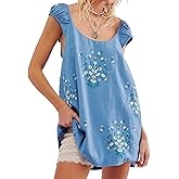 Loafawes Linen Mini Cute Dress Women Floral Embroidered Dress with Crew Neck and Sleeveless Casual Guest Vintage Dresses