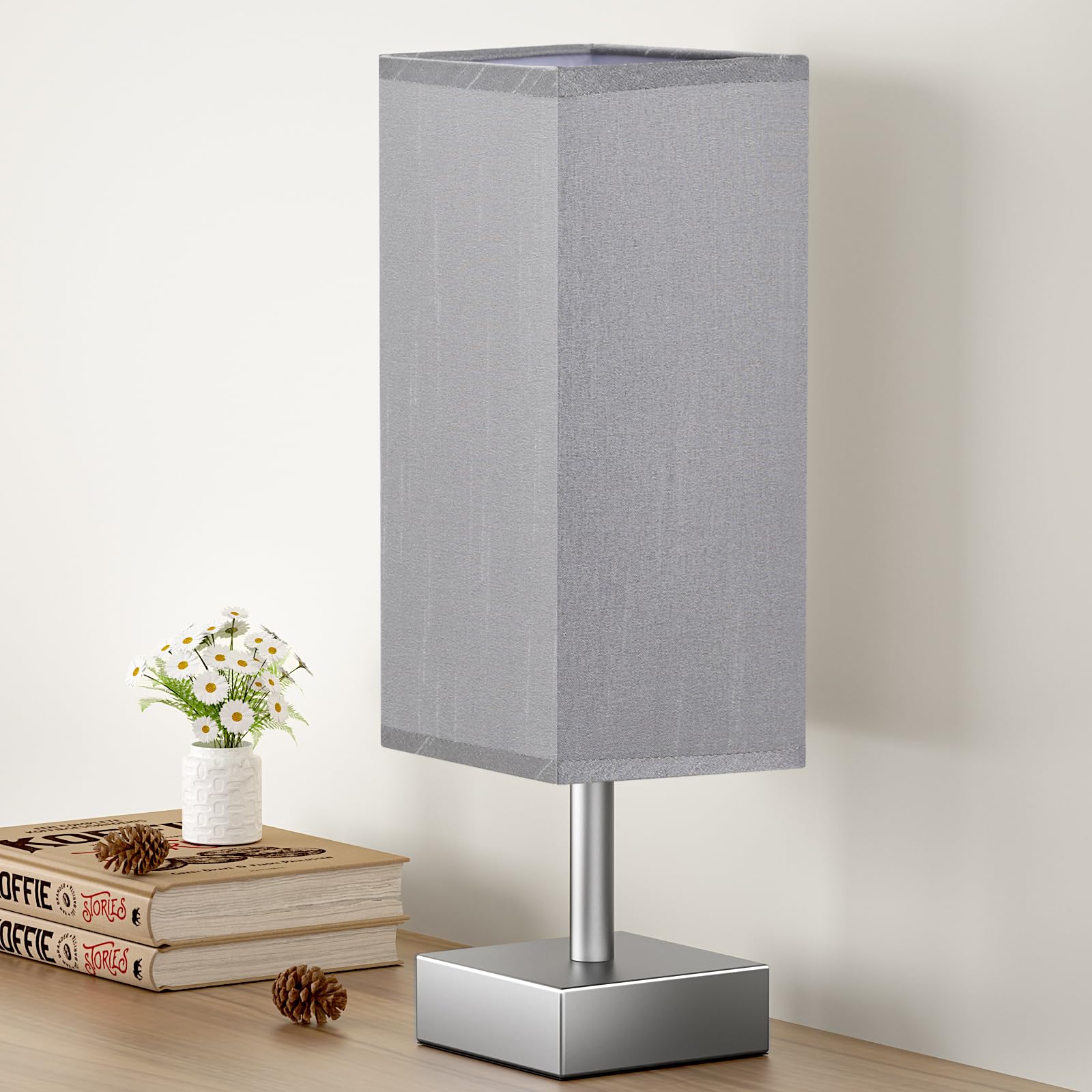 View 1 of aooshine Grey Table Lamp - Bedside Lamp for Bedroom, Minimalist Nightstand Lamp with Square Fabric Shade, Desk Lamp for Kids Room Dorm