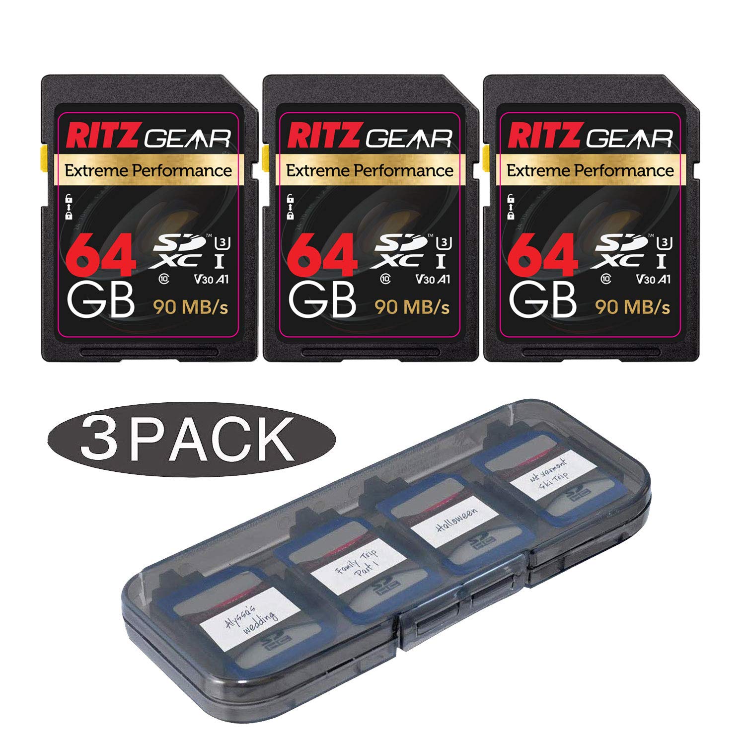 Ritz Gear Extreme Performance High speed UHS-I SDXC 64GB 90/45 MB/S U3 C-10 V30 Memory Card Designed for SD devices that can capture Full HD, 3D, 4K video as well as raw photography, (3 units+ holder)