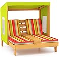 HONEY JOY Kids Chaise Lounge Chair Outdoor, Toddler Wood Double Pool Lounger Chairs w/Canopy, Cup Holders, Removable Stripped Fabric Cushions, 2-Person Kids Patio Furniture for Backyard (Light Green)