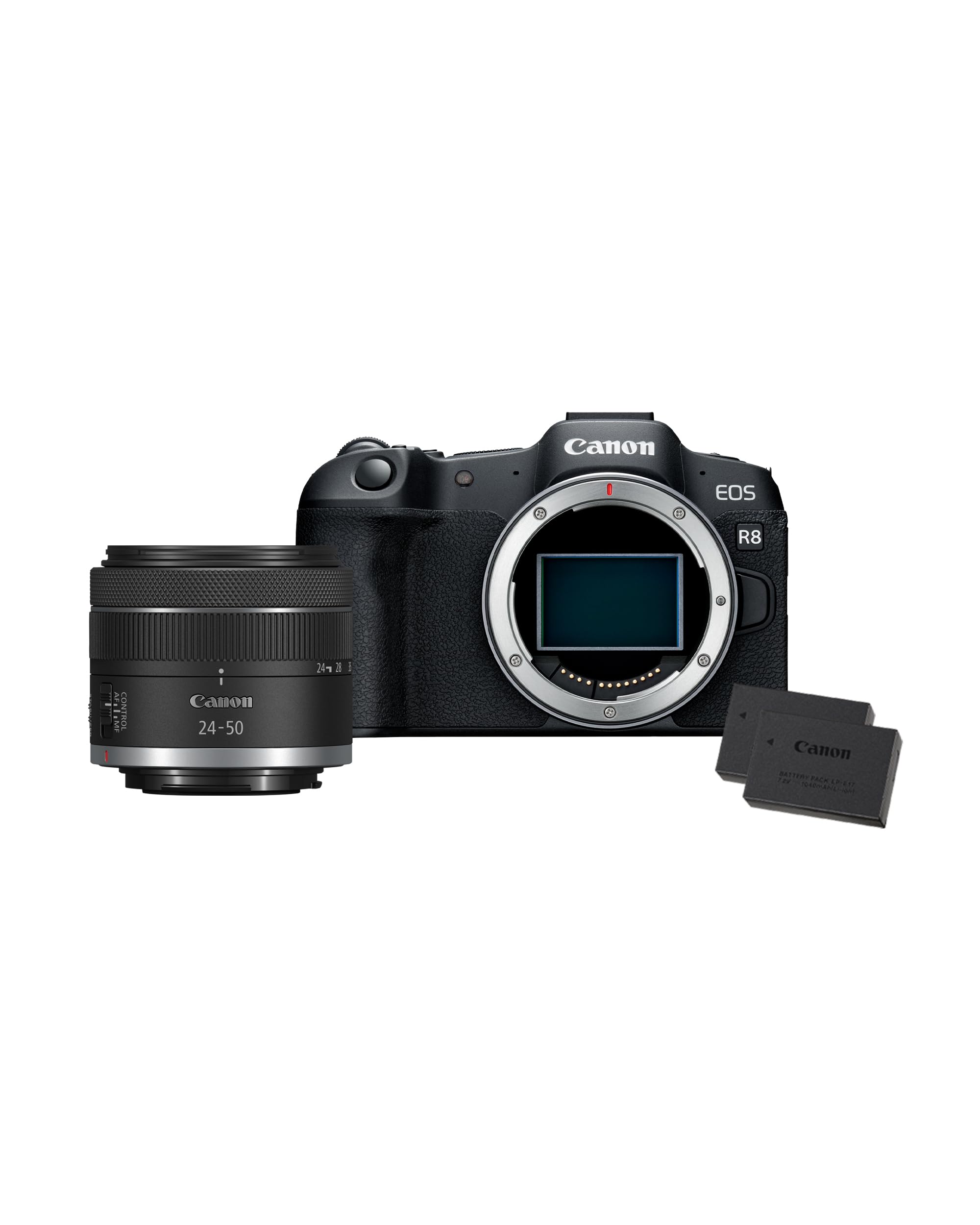 Canon EOS R8 + RF 24–50mm F4.5–6.3 2X Batterien (Zusätzliches Akku-Kit) – Systemkamera mit 24,2 MP, Dual Pixel AF II, Integrierte Bildkombination, LCD-Touchscreen, UVC/UAC-kompatibel
