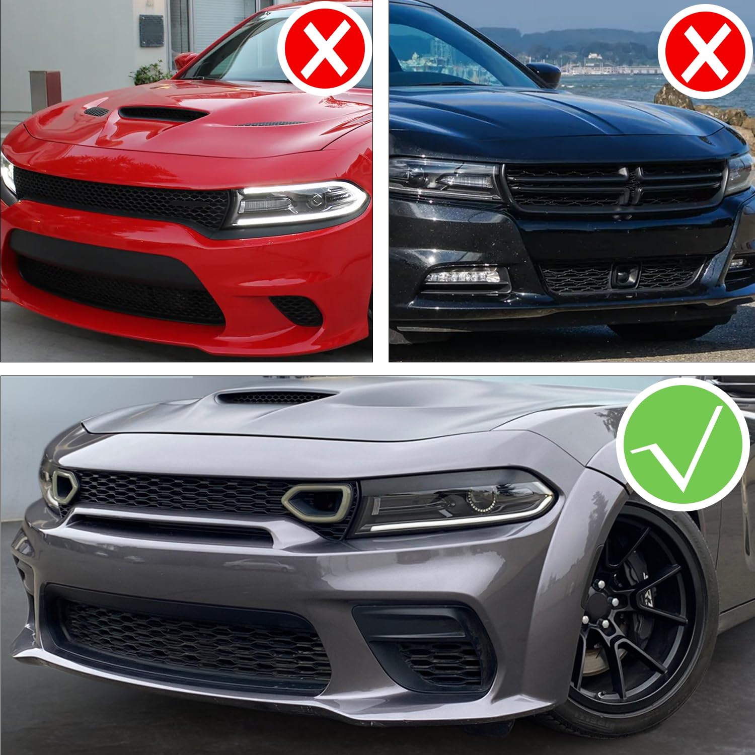 Condition photo showing As Is for front bumper led grille lights for 2015-2022 dodge charger srt/scat pack pig nose switchback grille lamps fog with red led daytime running light drl & turn signal (red lens)