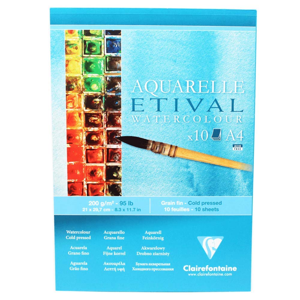 Clairefontaine - Ref 96302C - Etival Cold Pressed Economical Glued Watercolour Painting & Drawing Pad (10 Sheets of Paper) - A4 (29.7 x 21cm) - 200gsm Cellulose Art Paper