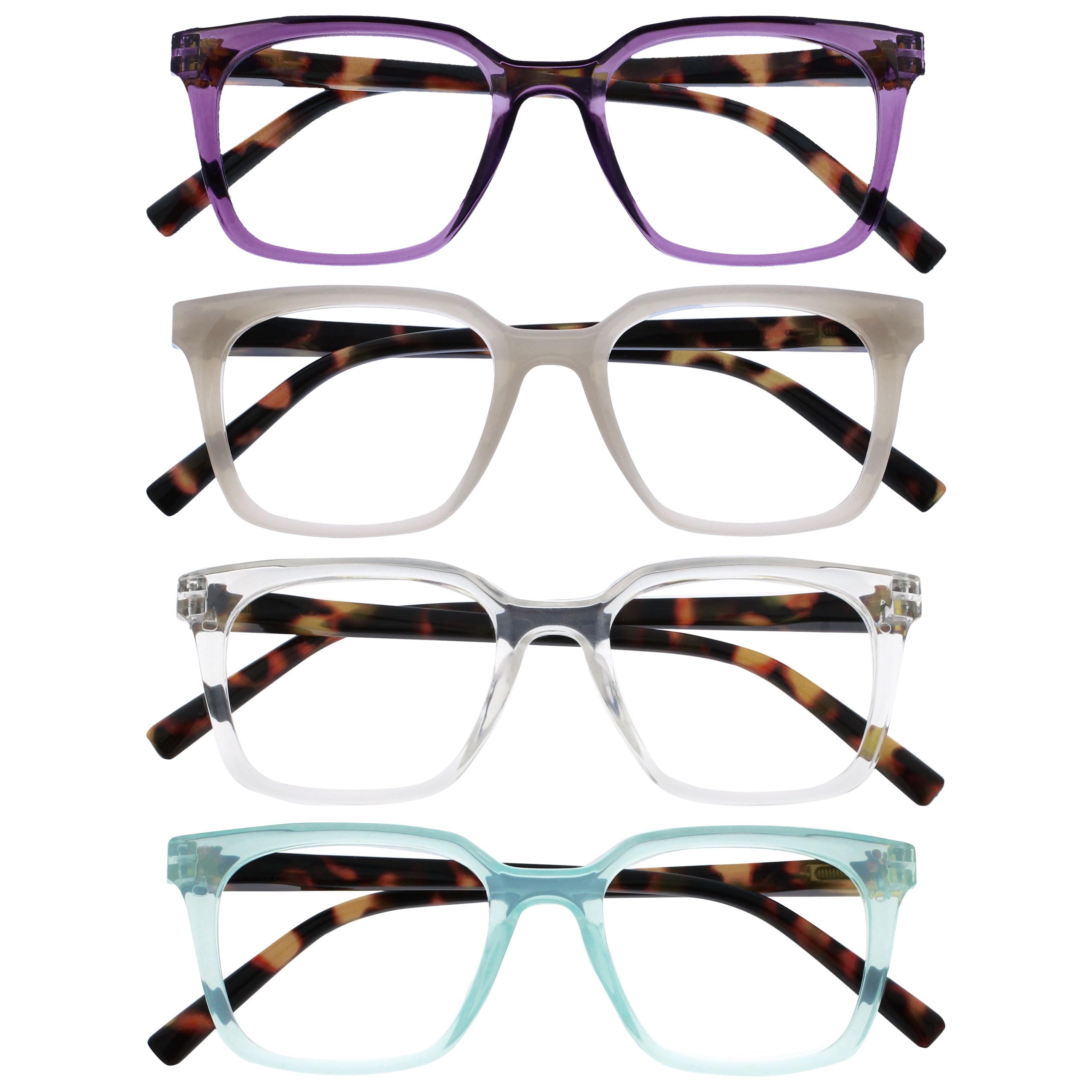 OPULIZE KOI Reading Glasses 4 Pack - Large Rectangular Frame - Purple-Grey-Clear-Aqua - Mens Womens- Spring Hinges - RRRR50-57CQ - +3.00