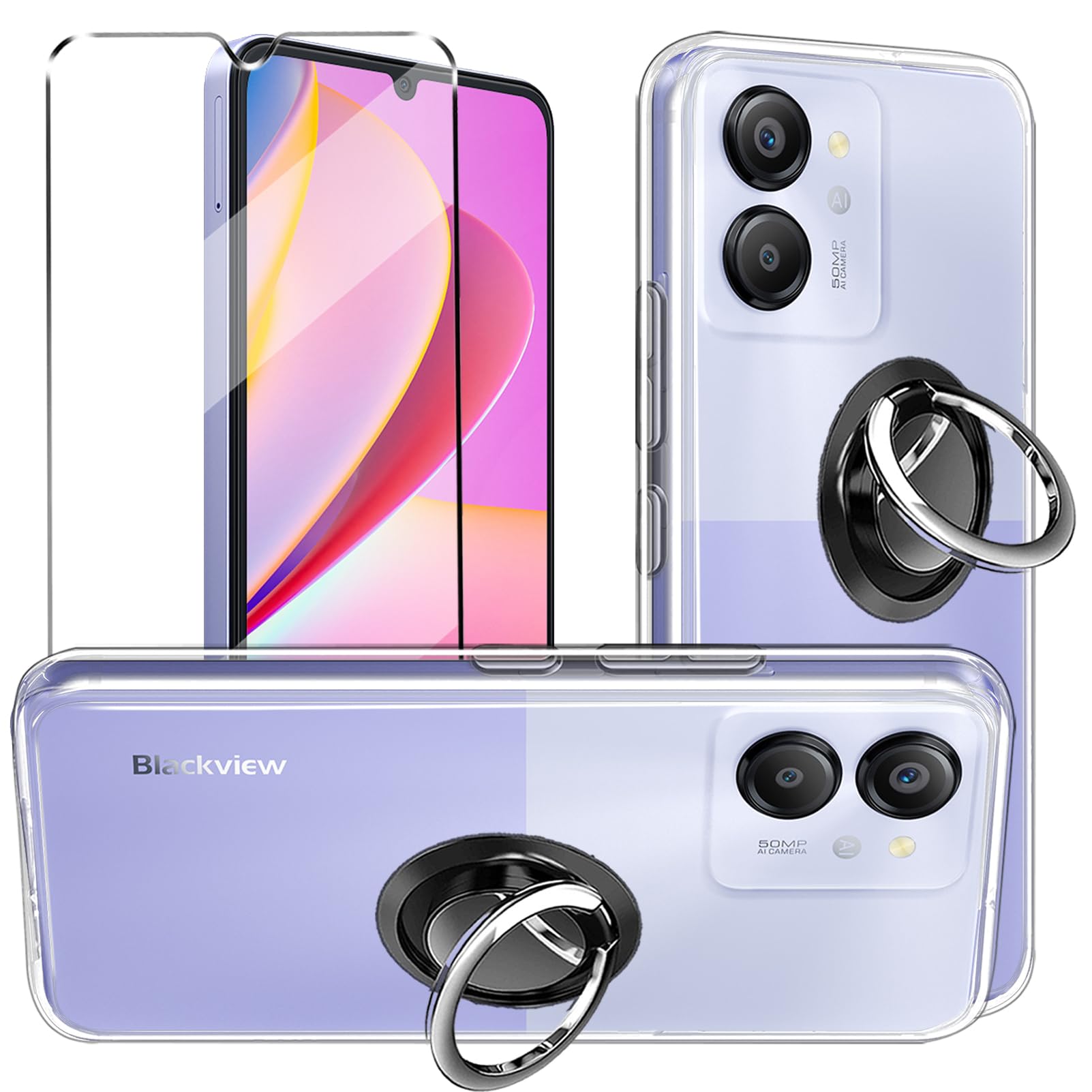 3-in-1 Case + Phone holder Ring Compatible with Blackview Color 8 Oscal Modern 8 Cover with 1 Pack Tempered Glass Screen Protector , Slim Fit Soft TPU Shockproof Anti-Scratch Phone Case Cover - Clear — image 1