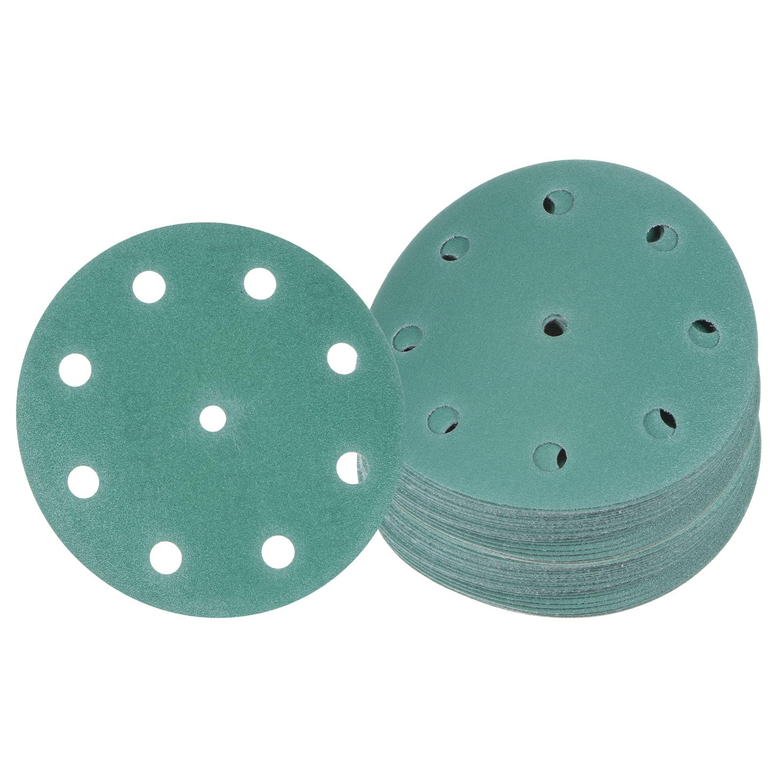 Kozelo 50pcs Green Film Sanding Discs - [5 Inch 180 Grits 9 Hole ] Round Aluminum Oxide Hook & Loop Wet Dry Sander Pads for Wood Metal Polishing Use| Zirconium Corundum Sandpaper