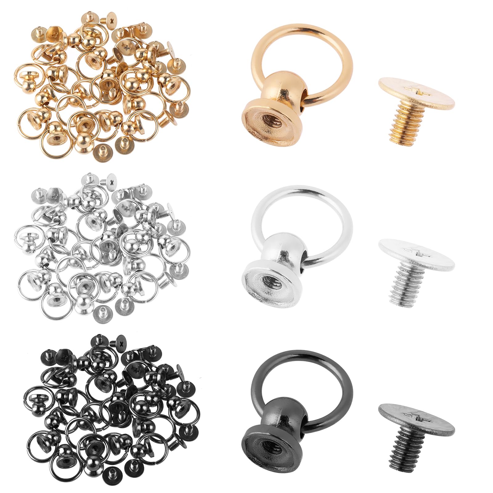 60 Set Leather Rivets, Screwback Round Head Rivets with Pull Ring, 3 Color 8mm Drive Rivets Studs DIY Accessory Screw Rivets for Leather Craft Purse Phone Case Handbag Clothes(Gold Silver Black)