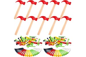 AIHSUMC 10 Pcs Kids Wooden Hammer Toy with 100 Pcs Colorful Wood Golf Tees, Small Plastic Hammer Simulation Hammers Educational Toys for Children Gift Birthday Party Halloween (Red)