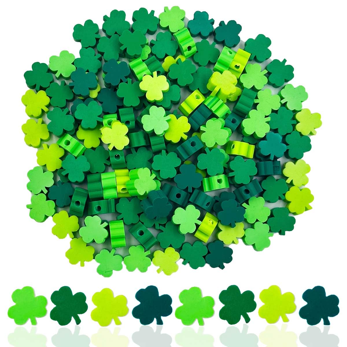 Photo 1 of 100Pcs St. Patrick's Day Shamrocks Handmade Polymer Clay Beads, Luck Clover Prints Polymer Clay Spacer Beads for Women Jewelry Making DIY Charms Bracelet Necklace Hair Clip Accessories Handmade Craft