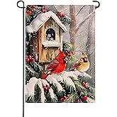 Artofy Christmas Tree Cardinal Small Decorative Garden Flag, Xmas Red Birds Birdhouse Snowy Farmhouse Yard Lawn Outside Decor, Winter Holiday Rustic Burlap Outdoor Home Decoration Double Sided 12 x 18