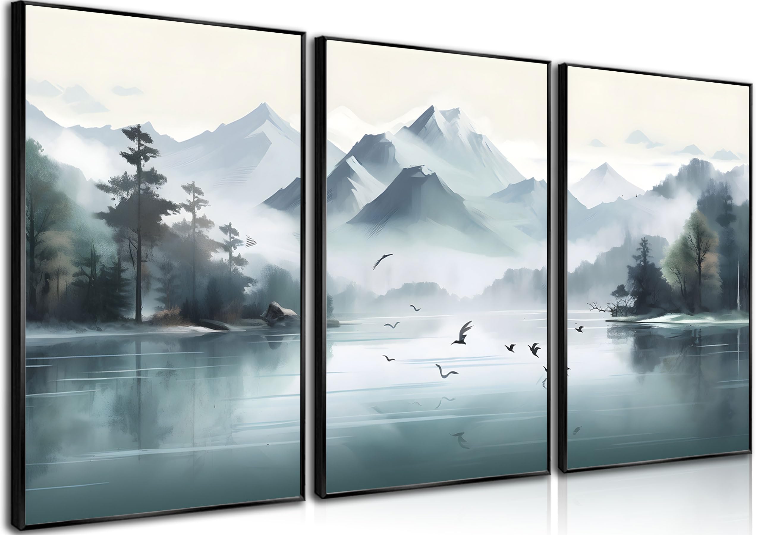 Photo 1 of 3 Pcs Natural Landscape Wall Art Abstract Watercolor Mountain Canvas Pictures Posters Ink Painting Prints Misty Forest Painting Home Wall Decor for Living Room Bedroom Office 12x16in Unframed