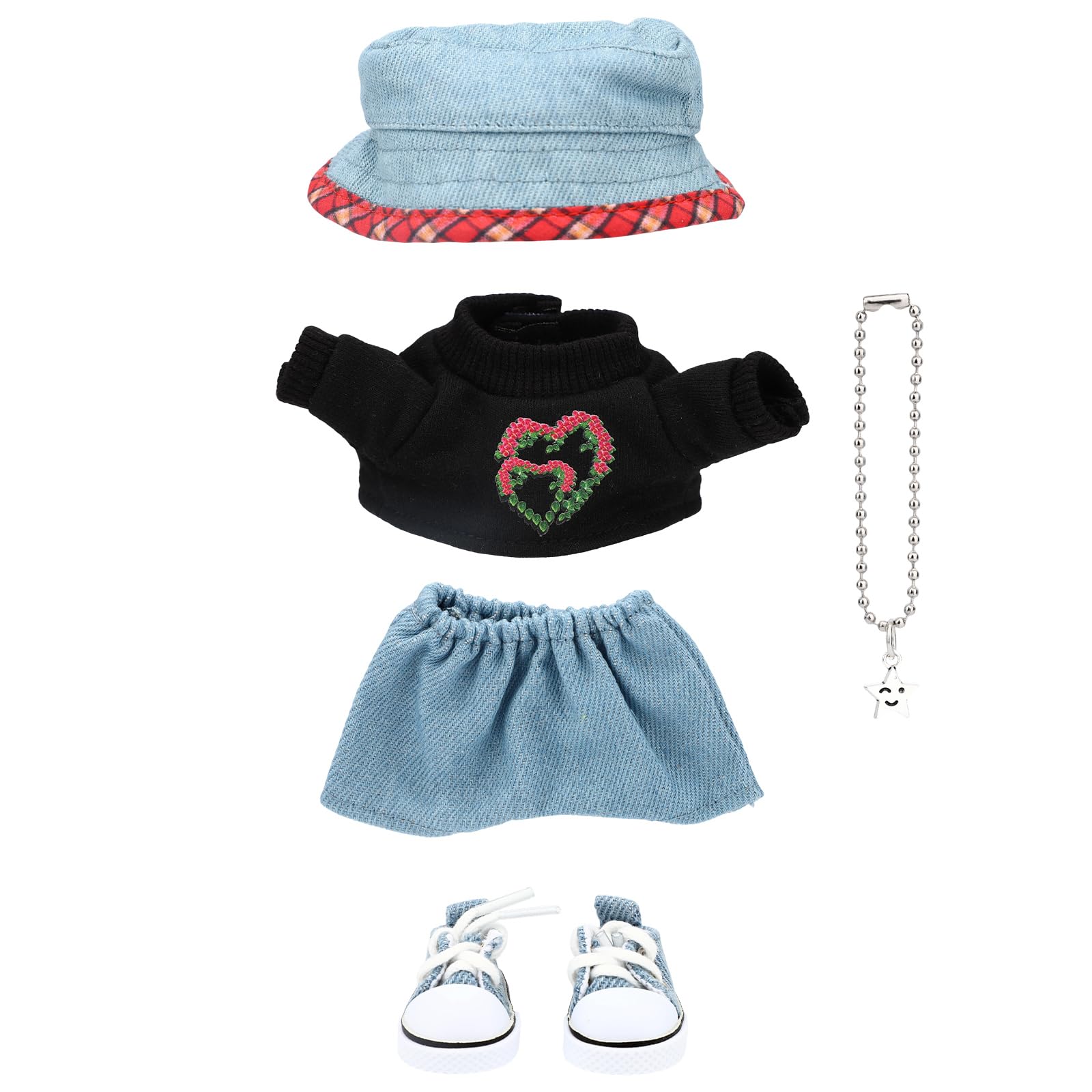 Sinbana 5pcs Clothes for 17cm/6.67in Doll, Cute Plush Toy Clothing Outfit Replacement with Hat T-shirt Pants Shoes Necklace Doll Costume Decoration Accessory for Display & Play (Clothes Only)