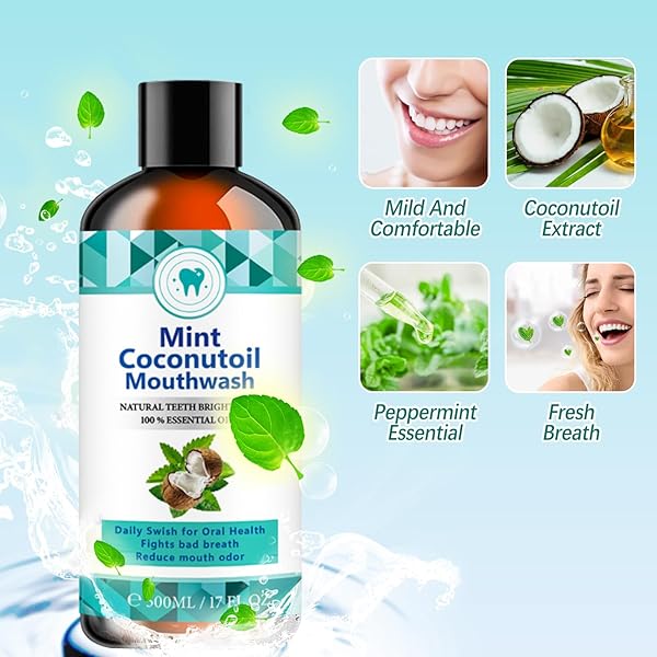 500ML COCONUTOIL MOUTHWASH, NATURAL TEETH WHITENER WITH TONGUE SCRAPER – MINT FLAVOR FOR FRESH BREATH, ORAL CARE AND GUM HEALTH