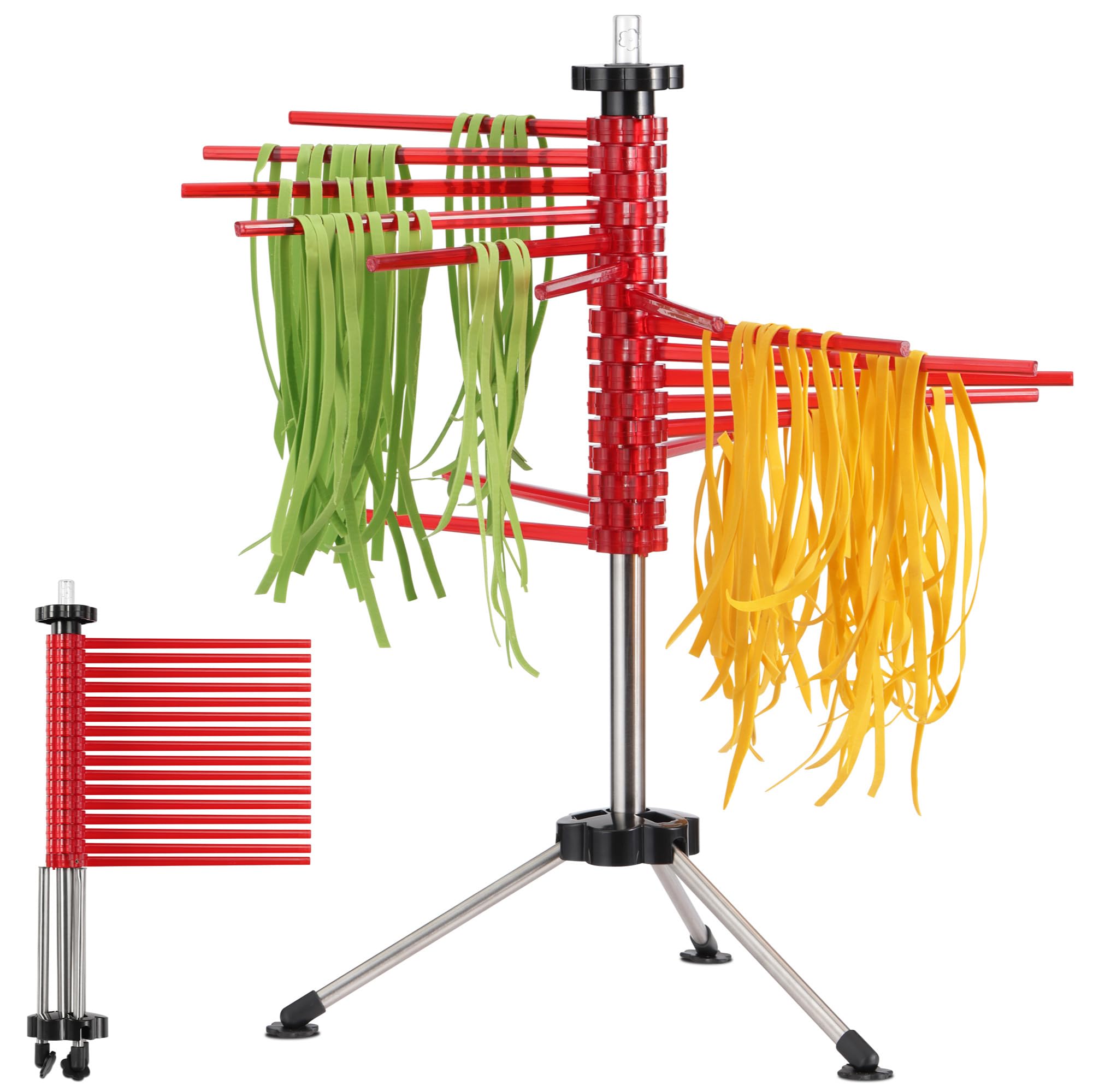 Navaris Collapsible Pasta Drying Rack - Tall Compact Spaghetti Noodle Stand with 16 Plastic Rods - Fresh Pasta Making Accessories - up to 2 kg (4.5 lbs) - Red