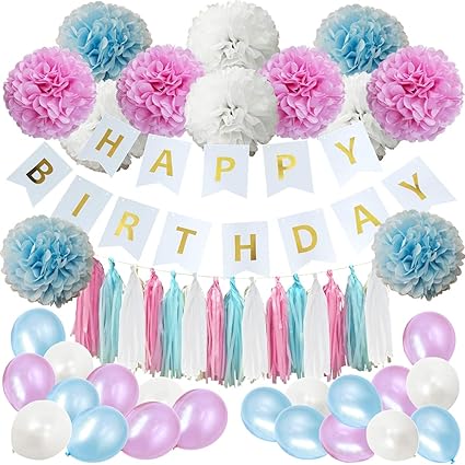Amazon Com 49pcs Pink Blue White Happy Birthday Baby Shower Party