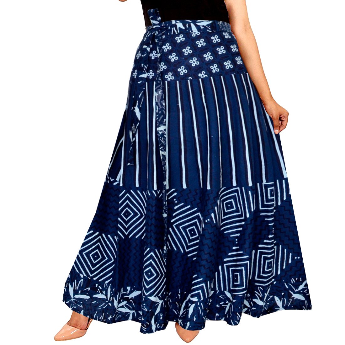 jwf wrap-around long skirt with printed patch-work