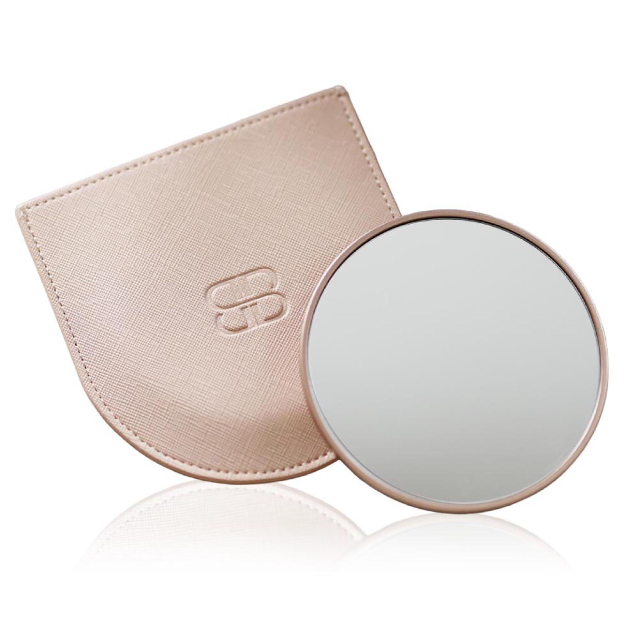 Beautifect 7x Magnifying Mirror - Compact Travel Mirror with Vegan Leather Sleeve - Matte Gold