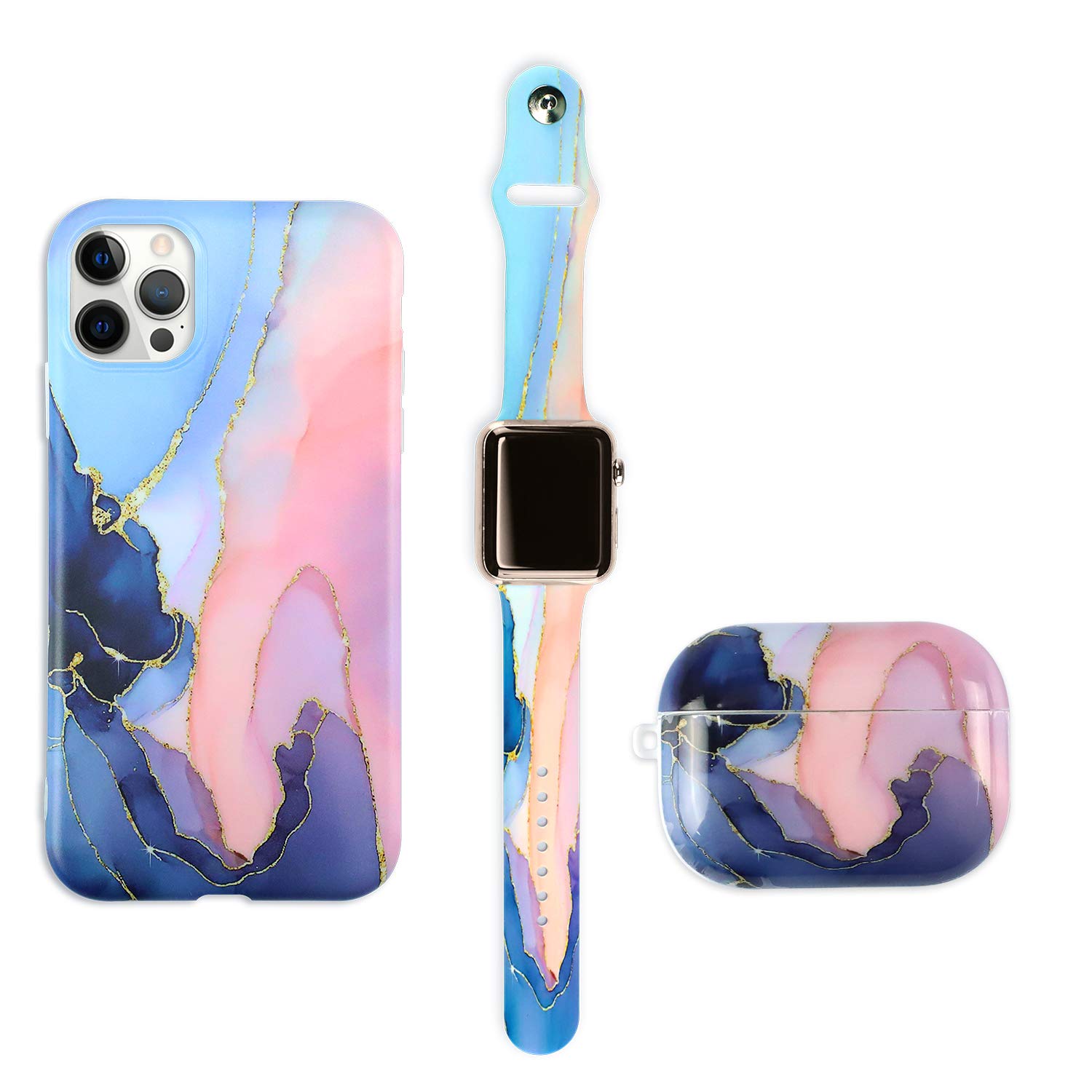 Makzib Matching Case compatible with iPhone 11,Airpods case 1 & 2 with Watch band 38mm 40mm 42mm 44mm. Marble design Thin slim Glossy 3 in 1 protective cases (38mm 40mm Watch band, Marble Teal & Gold)