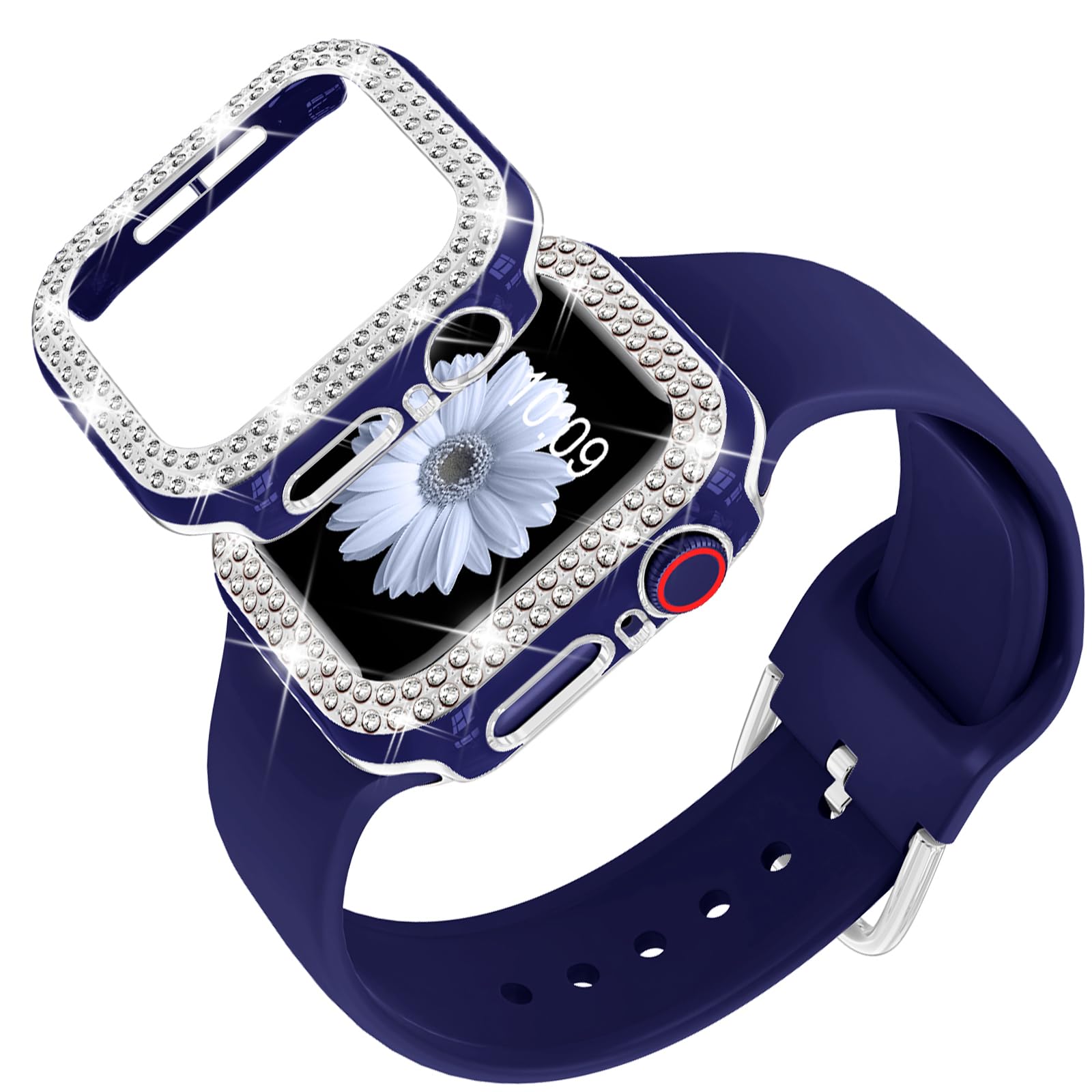 DABAOZA Compatible for Apple Watch Bands 38mm with Bumper, Bling Glitter Women Silicone Soft Comfortable Strap for iWatch SE Ultra Series 10 9 8 7 6 5 4 3 2 1（NavyBlue Silver，38）