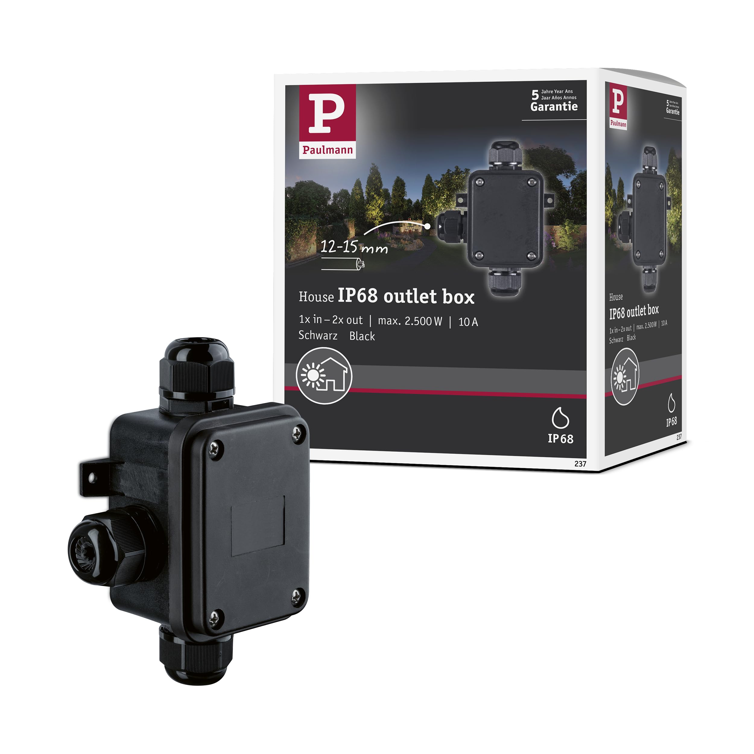 Paulmann 237 3-Way Junction Box IP68 Protected Against Permanent Immersion Black for Cable diameters up to 15 mm