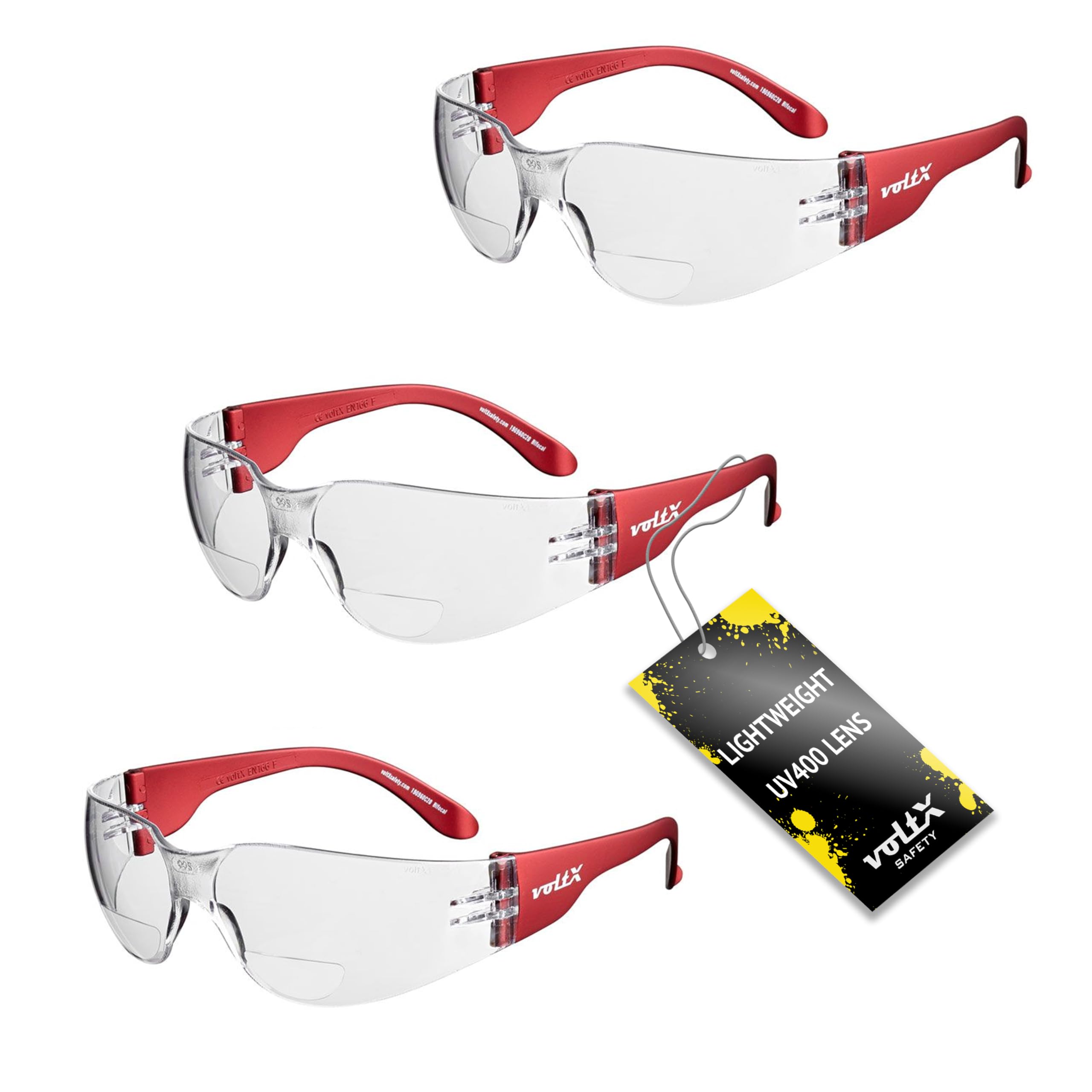 voltX 3 x GRAFTER’ Bifocal Lightweight Industrial Reading Safety Glasses, UKCA & CE EN166f Certified/Cycling Safety Glasses (Clear Lens +1.5) + UV400 anti fog coated lens