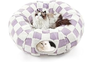 DFENGDF Cat Tunnel Bed for Indoor Cat Donut Tunnel Peekaboo Cat Cave with Washable Cushion Cat Tube Toys for Kitten Puppy Rabbit Brown (Purple)