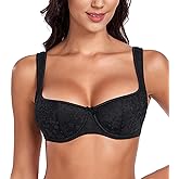 DotVol Women's Lightly Padded Floral Lace Demi Wide Straps Underwire Balconette Bra