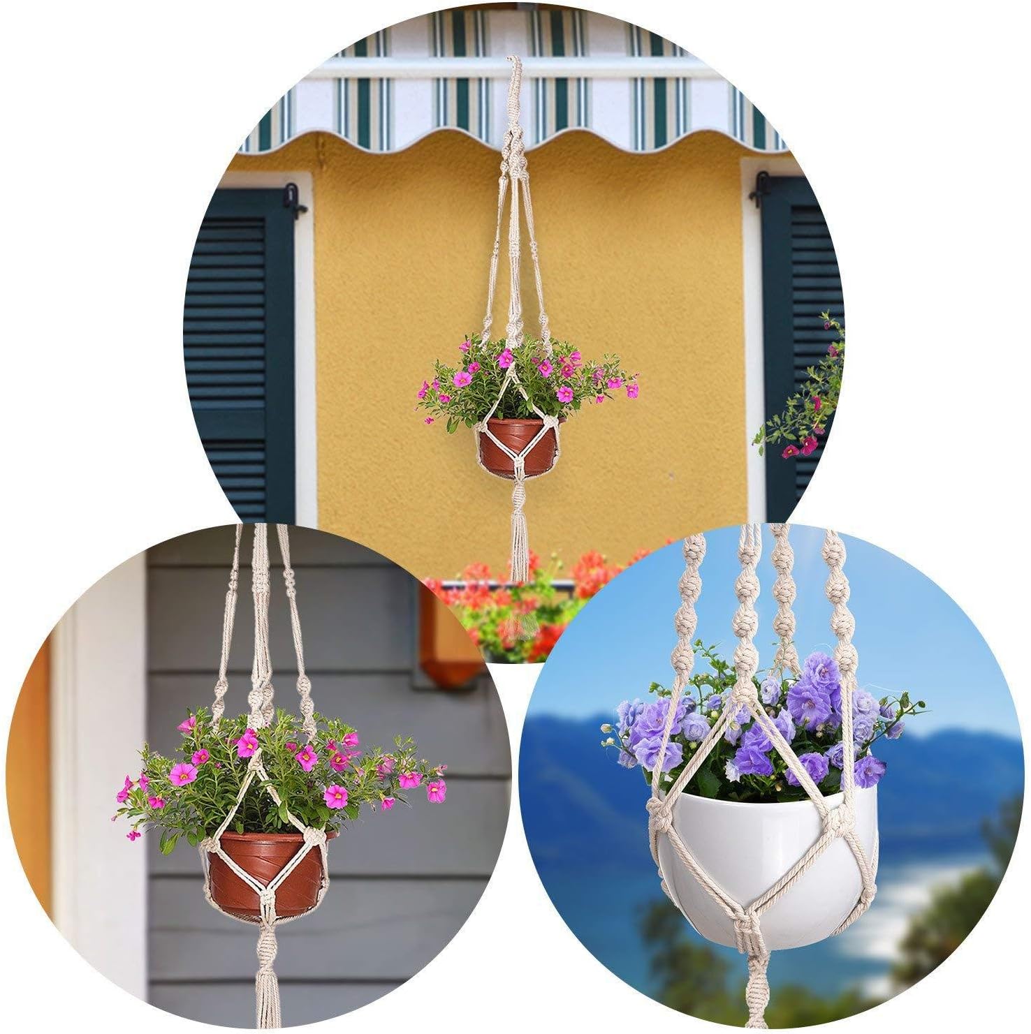 AOMGD 3 Pack Macrame Plant Hanger and 3 PCS Hooks Indoor Outdoor Hanging Plant Holder Hanging Planter Stand Flower Pots for Decorations - Cotton Rope, 4 Legs, 3 Sizes: Garden & Outdoor