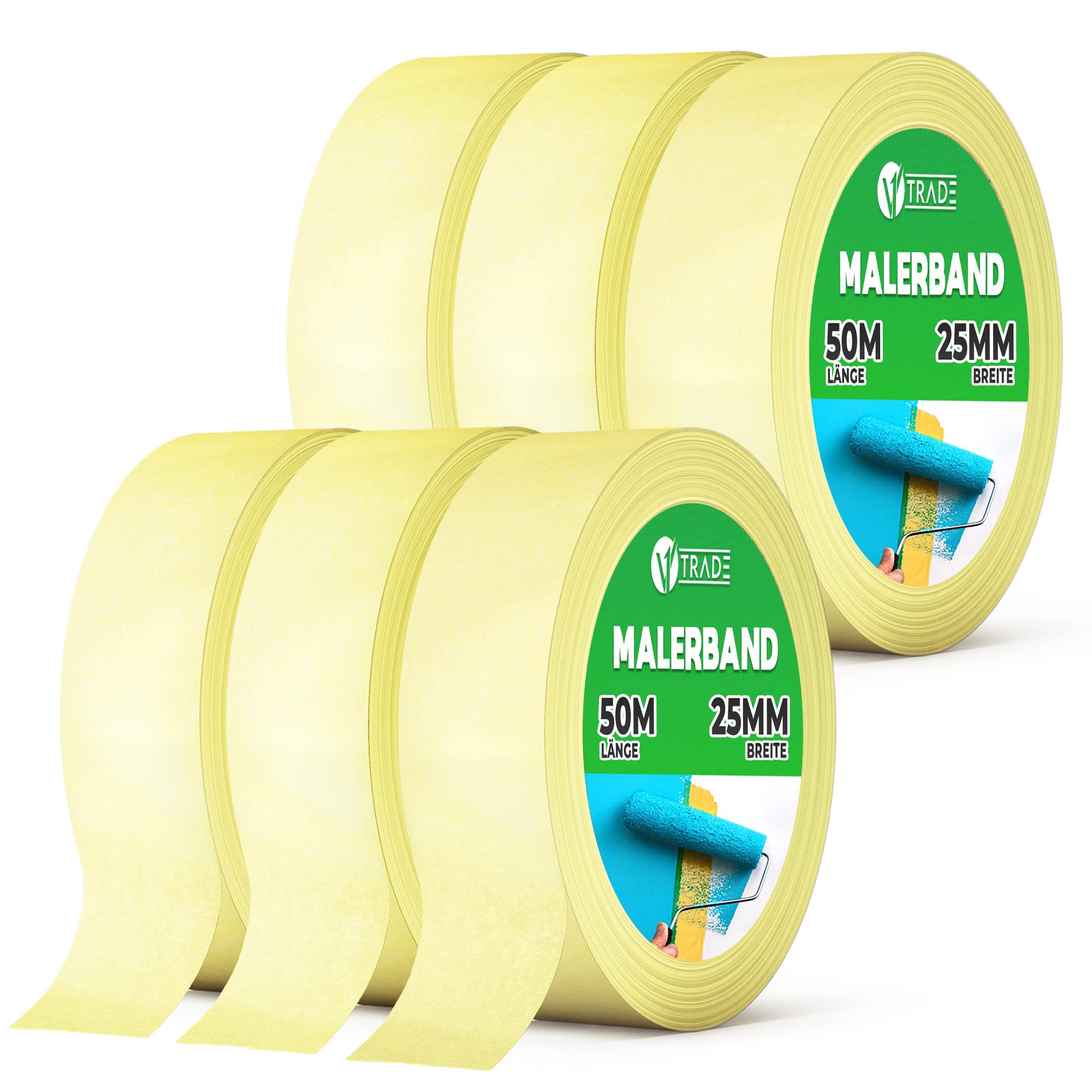 V1 TRADE - Masking tape, Painter's Tape 25 mm x 50 m - Universally Applicable, Residue-Free Removable Painting Tape for All Standard Painting Work - 6 Pack