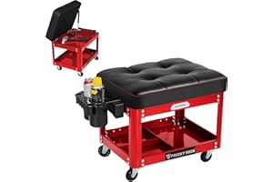 FREEKYROCK Rolling Mechanic Shop Stool with Wheels, Garage Mechanics Stool with 2 Layer Repair Tools Tray, Padded 360° Swivel Automotive Roller Creeper Seat Shop Chair, Heavy Duty, 330 LBS Capacity, Red