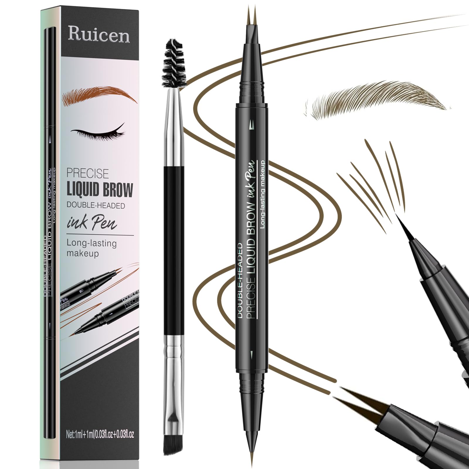 Eyebrow Pen - Eyebrow Pencil, Ruicen Eyebrow Pencil 2-in-1 Dual-Ended Eyebrow Pen with Micro-Fork-Tip and Precise Brush-Tip Create Natural Hair-Like Brows, Last All-Day, Brown
