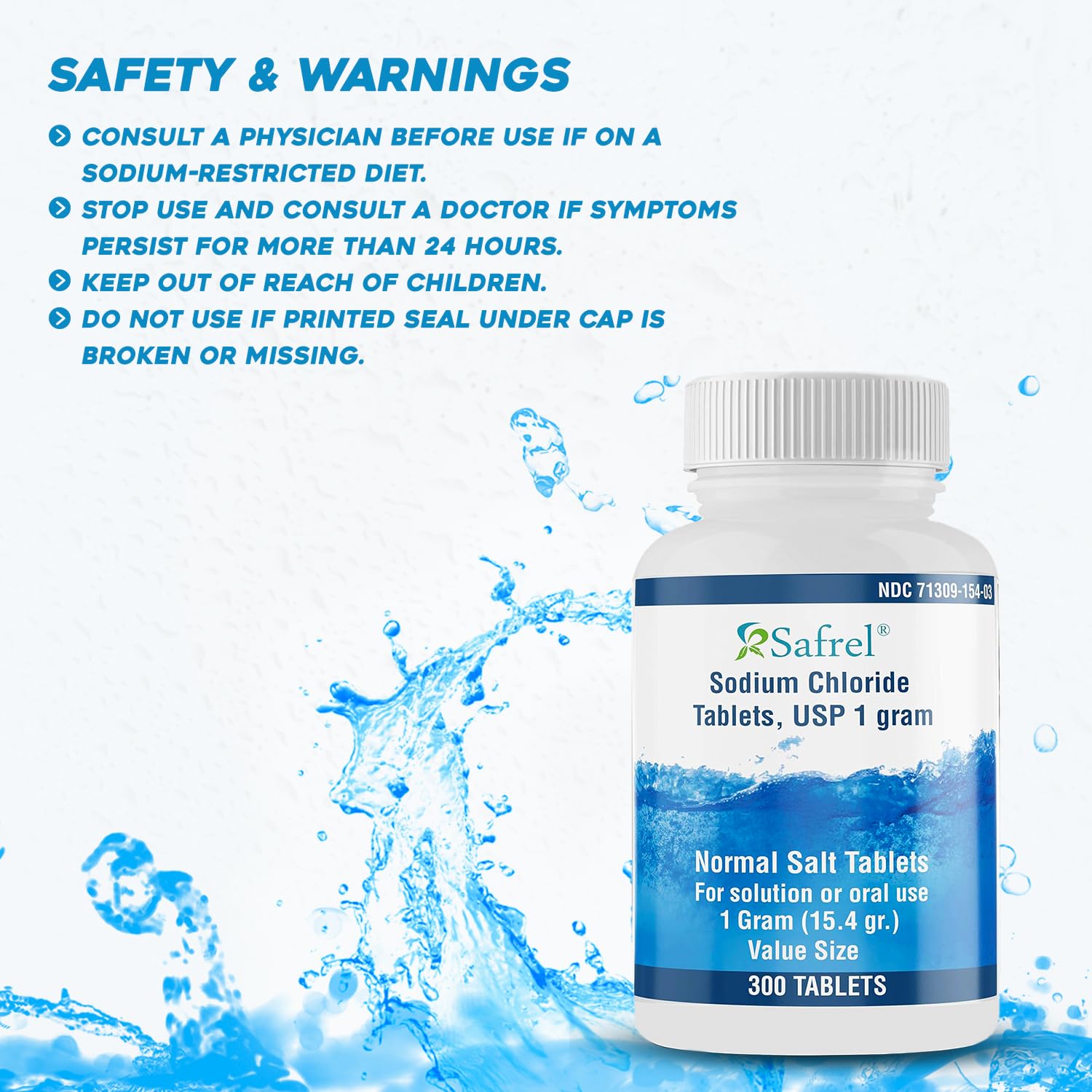 Safrel Sodium Chloride Tablets 1 gm, USP | Normal Salt Tablets | (15.4gr.) | Electrolytes Replenisher Hydration Drink (300 Count (Pack of 1))