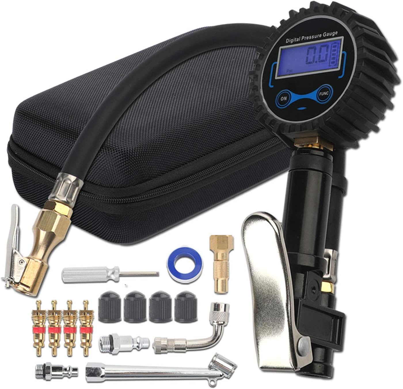 Digital Tire Inflator with Pressure Gauge, 200 PSI Air Chuck and Compressor Accessories Heavy Duty with Rubber Hose and Quick Connect Coupler for Truck, Bike, Motorcycle and Car, backlit 0.1 Accuracy