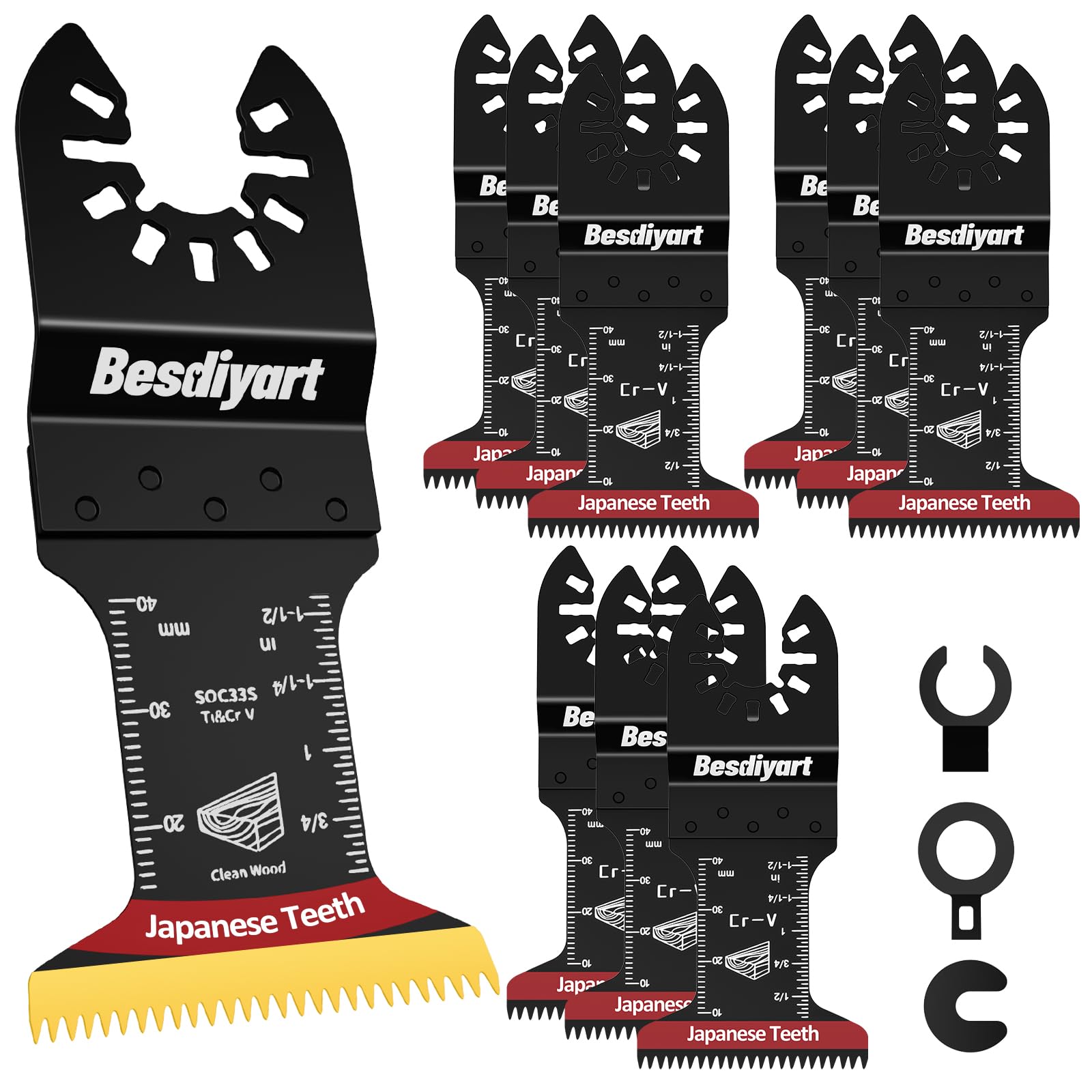 Besdiyart 10 Pcs Double-Row Teeth Oscillating Saw Blades, Titanium Coating 45mm Wide Multitool Saw Blades with Triple Ground Japanese Teeth for Wood, Universal Quick-Lock Multi-Tool Accessories