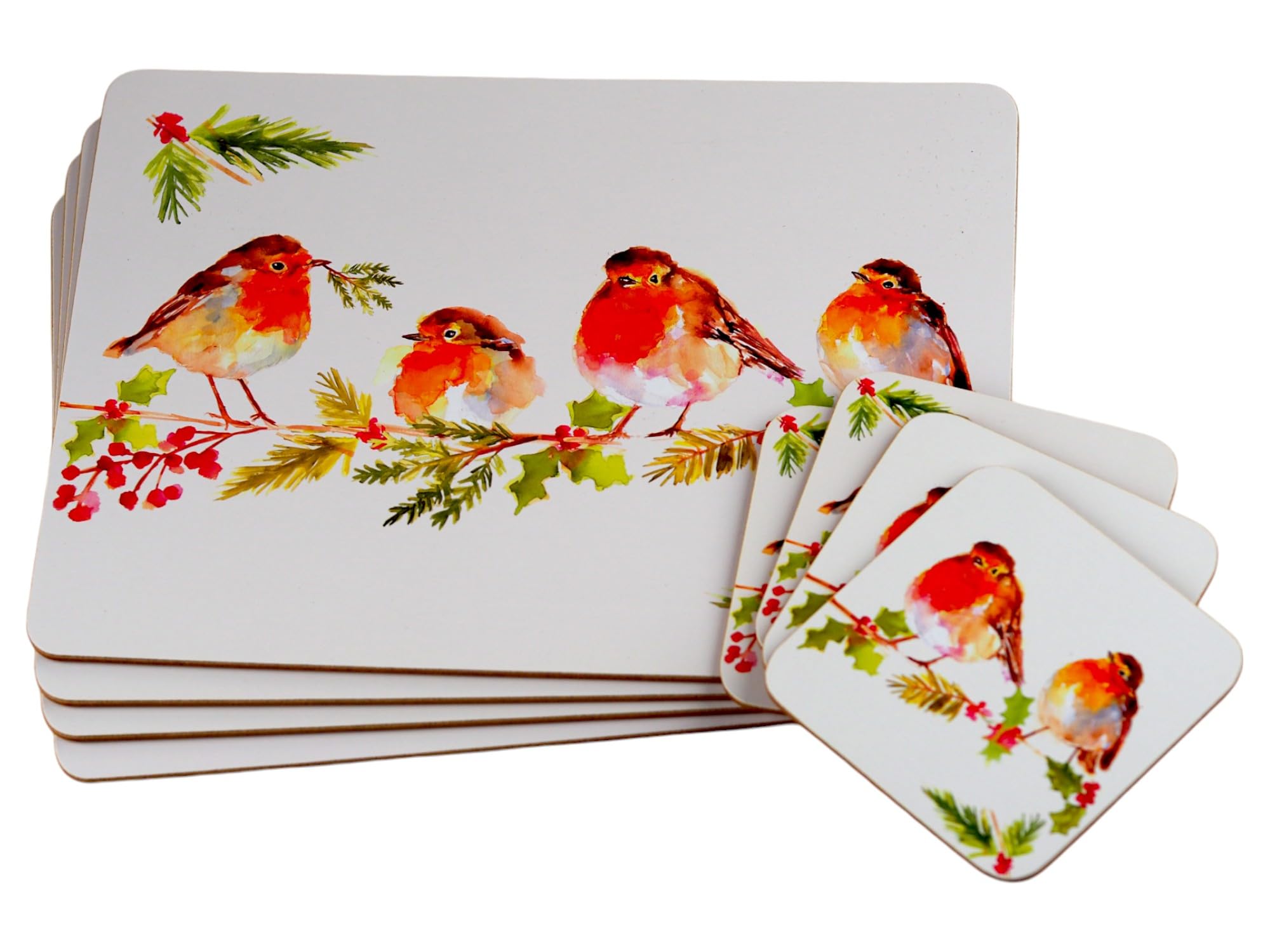LP Set Of 4 Winter White Robin Christmas Dinner Place Mats And Coasters