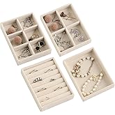 Frebeauty Small Jewelry Tray Set,Stackable Velvet Jewelry Organizer Tray,Mini Jewelry Drawer Organizer,Drawer Inserts,4.92 x 3.74 x 0.9 Inches,Earring Organizer for Women(Set 4,Beige)