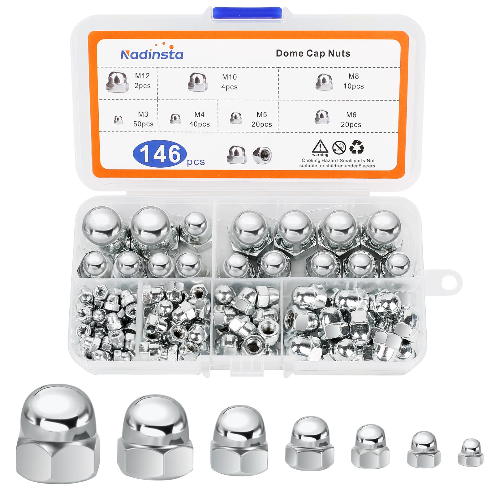 Nadinsta 146pcs Acorn Thread Hex Cap Head Nuts Assortment Kit, Dome Cap Nuts, M3/M4/M5/M6/M8/M10/M12 Carbon Steel Acorn Dome Cap Nuts For Motorcycle Bicycles Furniture Lighting Saddle