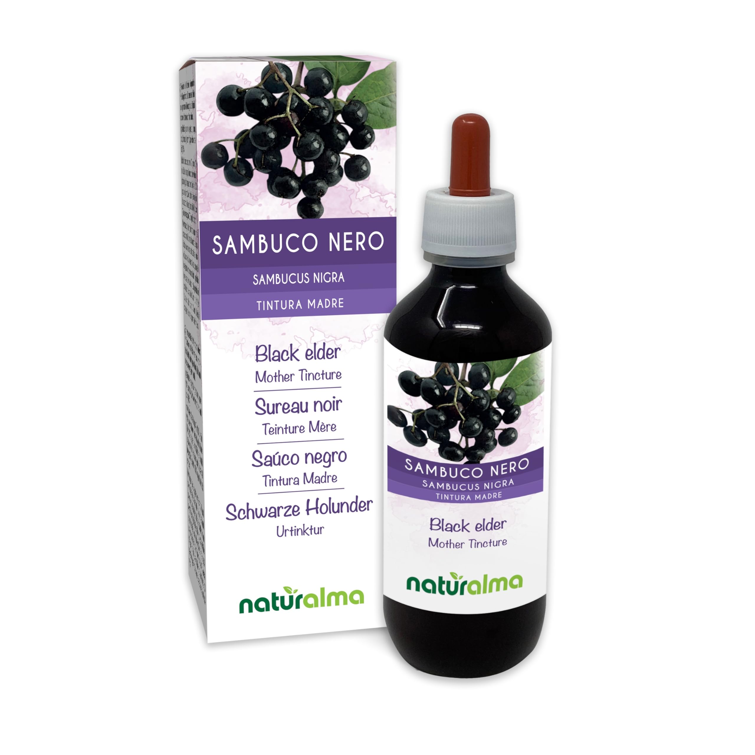 Black Elder (Sambucus nigra) Flowers (elderflower) and Fruits (Elderberry) Alcohol-Free Mother Tincture Naturalma - Liquid Extract Drops 200 ml - Food Supplement - Vegan
