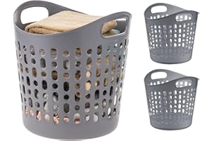 IRIS USA Plastic Laundry Basket Hamper, 3-Pack, 27L / 7 Gal Flexible Dirty Clothes Bag with Ventilation Holes, Bedroom Bathroom Apartment Dorm Laundry Room Blankets Pillows Trinkets Organization, Gray