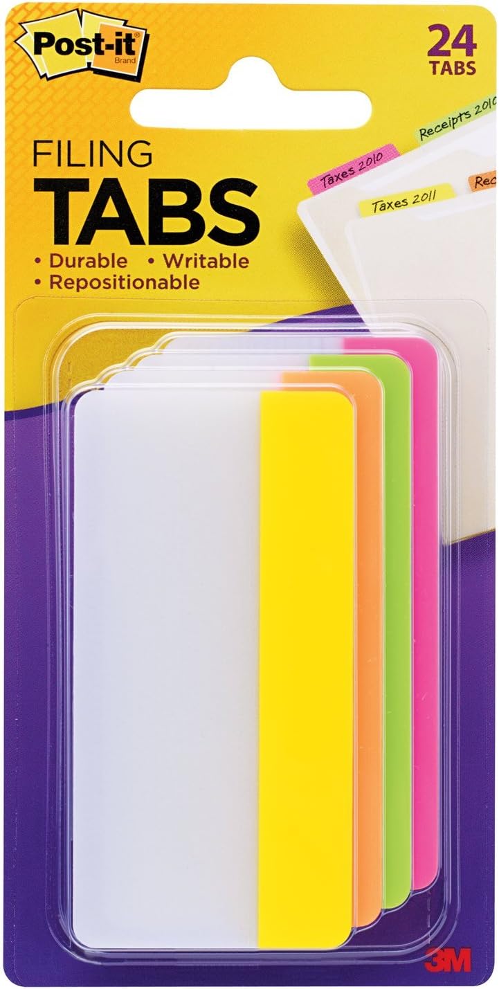 Post-it Tabs, 3 in, Solid, Assorted Bright Colors, Durable, Writable, Repositionable, Sticks Securely, Removes Cleanly, 6 Tabs/Color, 4 Colors, 24 Tabs/Pack, (686-PLOY3IN) : Color Coding Labels : Office Products