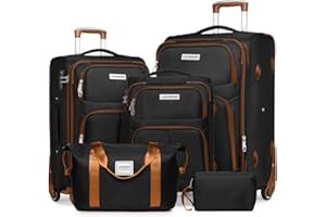 LARVENDER Luggage Sets 5 Piece Softside Expandable Suitcases Set with Spinner Wheels TSA Lock, Lightweight Soft Shell Rolling Travel Luggage Set Clearance for Men and Women, Black Brown