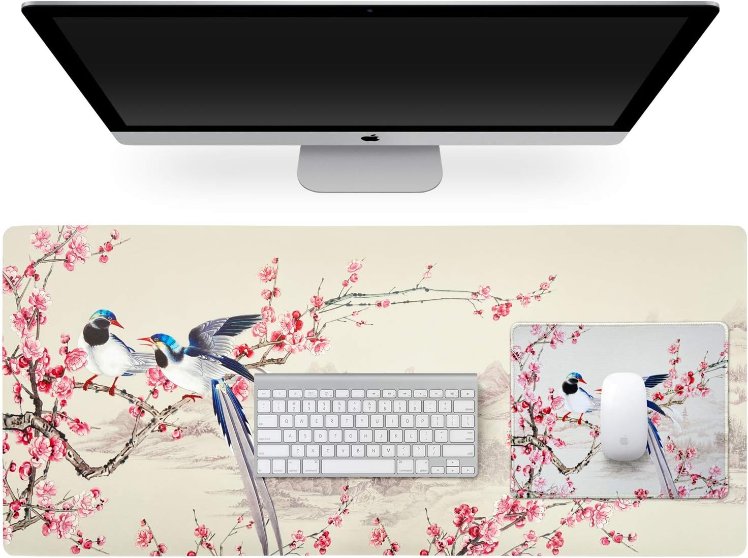 Multifunctional PU Leather Office Desk Pad (35.4''X15.7'') +Rubber Mouse Pad (10.2''×8.3'') with Chinese Traditional Painting, Non Slip Ultra Thin Waterproof Desk Writing Mat