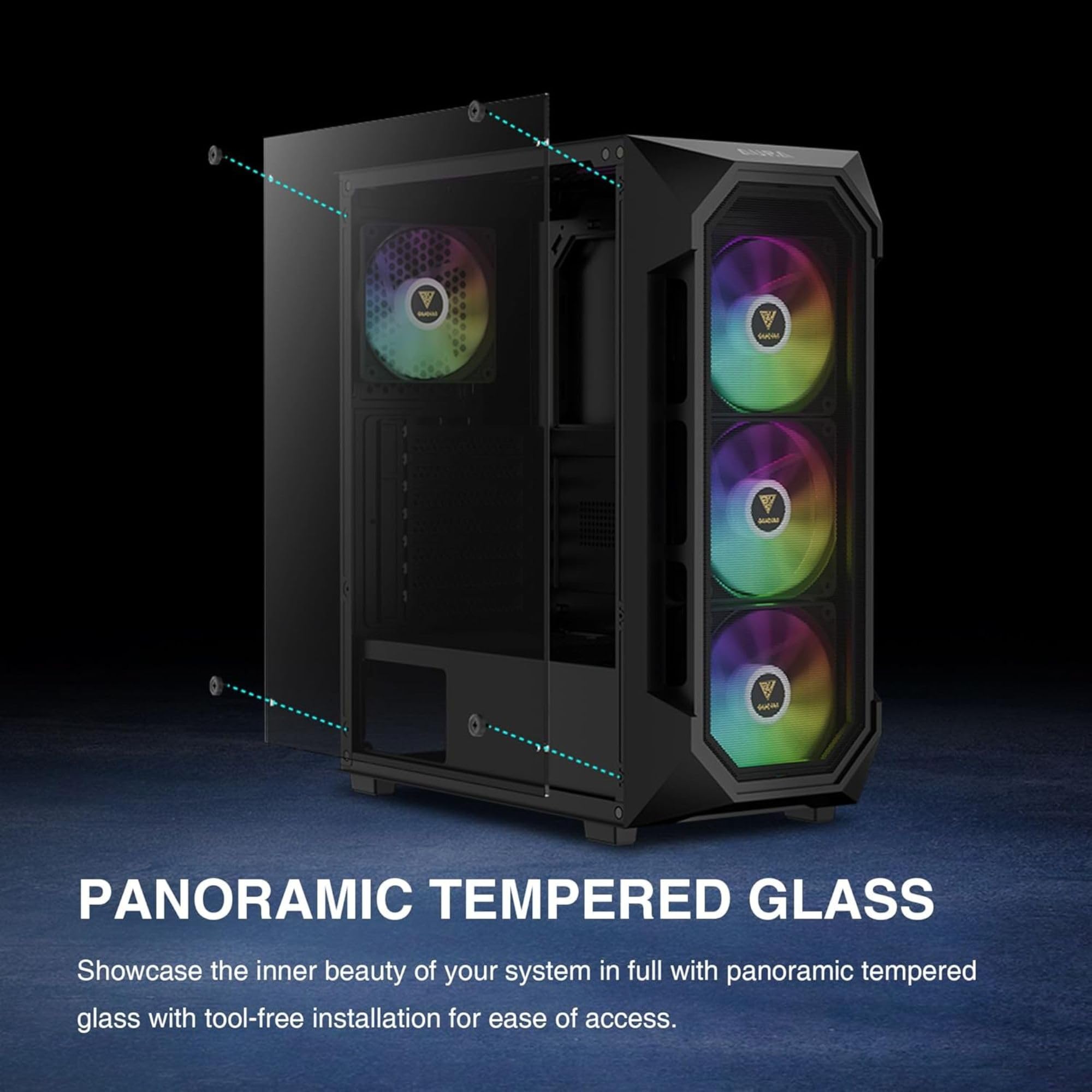 Gamdias Aura Gc1 Elite Argb Atx Mid Tower Pc Case, 4 X 120 Argb Fan, High Airflow Mesh Front Panel, Tool-Free Install Tempered Glass Side Panel, Black - View 6