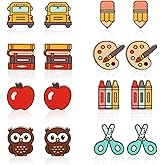 Whaline 8 Pairs Teacher Earring Studs School Bus Pencil Apple Owl Wood Earrings Cute Back to School Wooden Earrings for Women Girls First Day of School Party Jewelry Gift Accessories